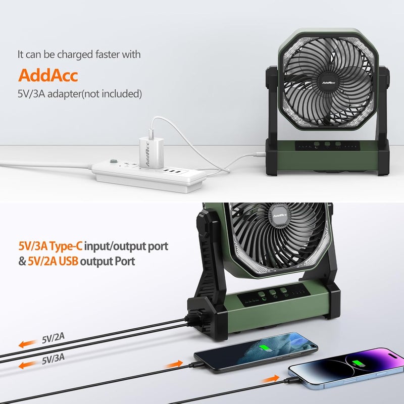 AddAcc 20000mAh Camping Fan, Rechargeable Battery Operated with 360° Rotatable Hook, 400 Lumes Light, 270° Pivot, 4 Speeds, 58Hrs Battery Powered Fan for Outdoor Tent Car Trip BBQ Hurricane Power Outages - Image 5